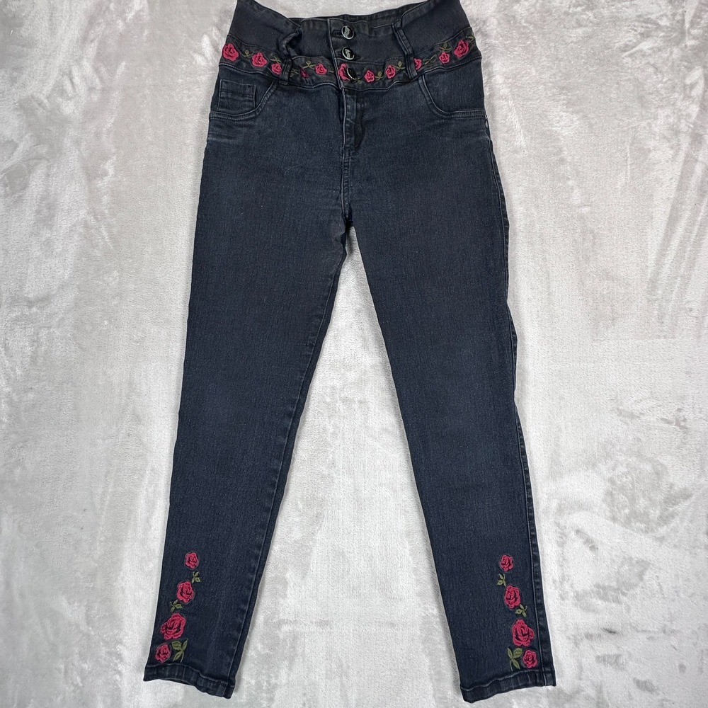Tissini Ankles Jeans Womens Size 7 Black Rose Embroidery High Waist Denim Pants